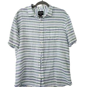 Linen Blend Short Sleeve Striped Button Up Shirt Men's Large